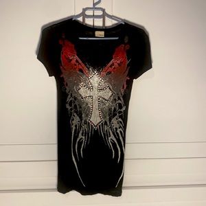 Woman’s black embellished cross tee shirt. Size maybe Medium